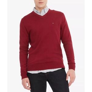 New X-Large XL Tommy Hilfiger Mens V-neck Sweater cotton long sleeve Burgundy